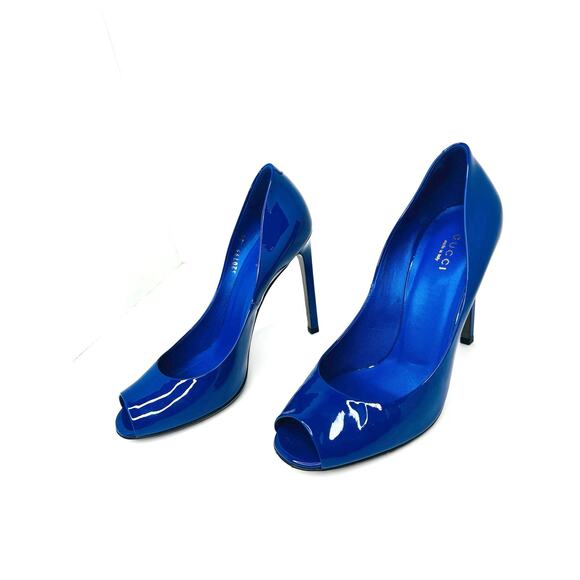 Gucci Vernice Crystal Peep Toe Pumps Ink Blue Patent Leather Heels Size 38.5 - Picture 8 of 10